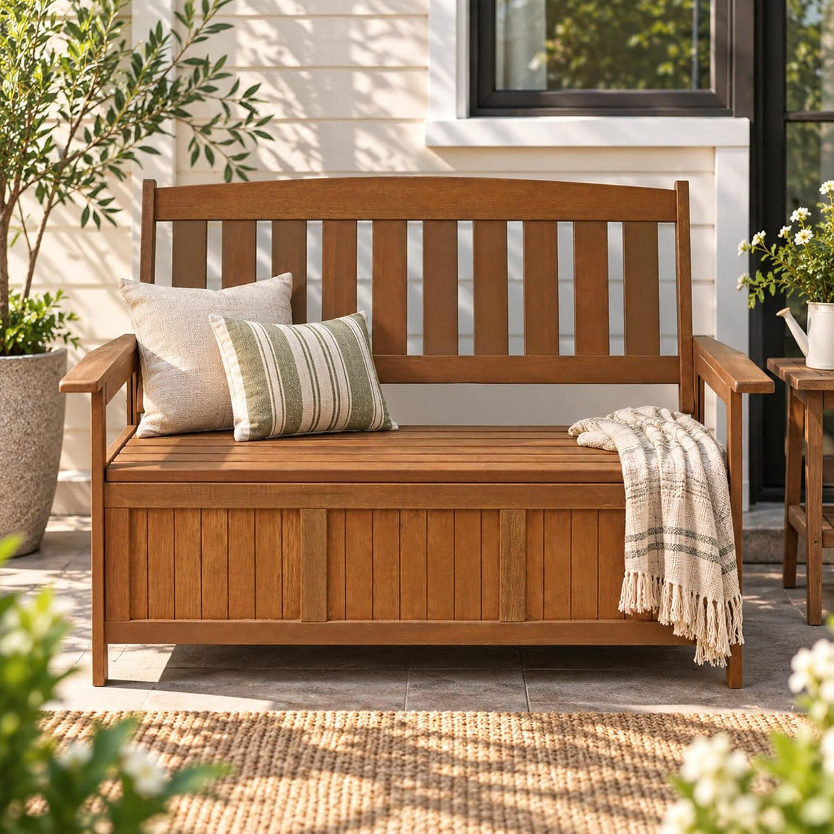 TIOMAN Outdoor Storage, Kent Storage Bench with Teak Wood, for Patio, Garden, Porch, Natural