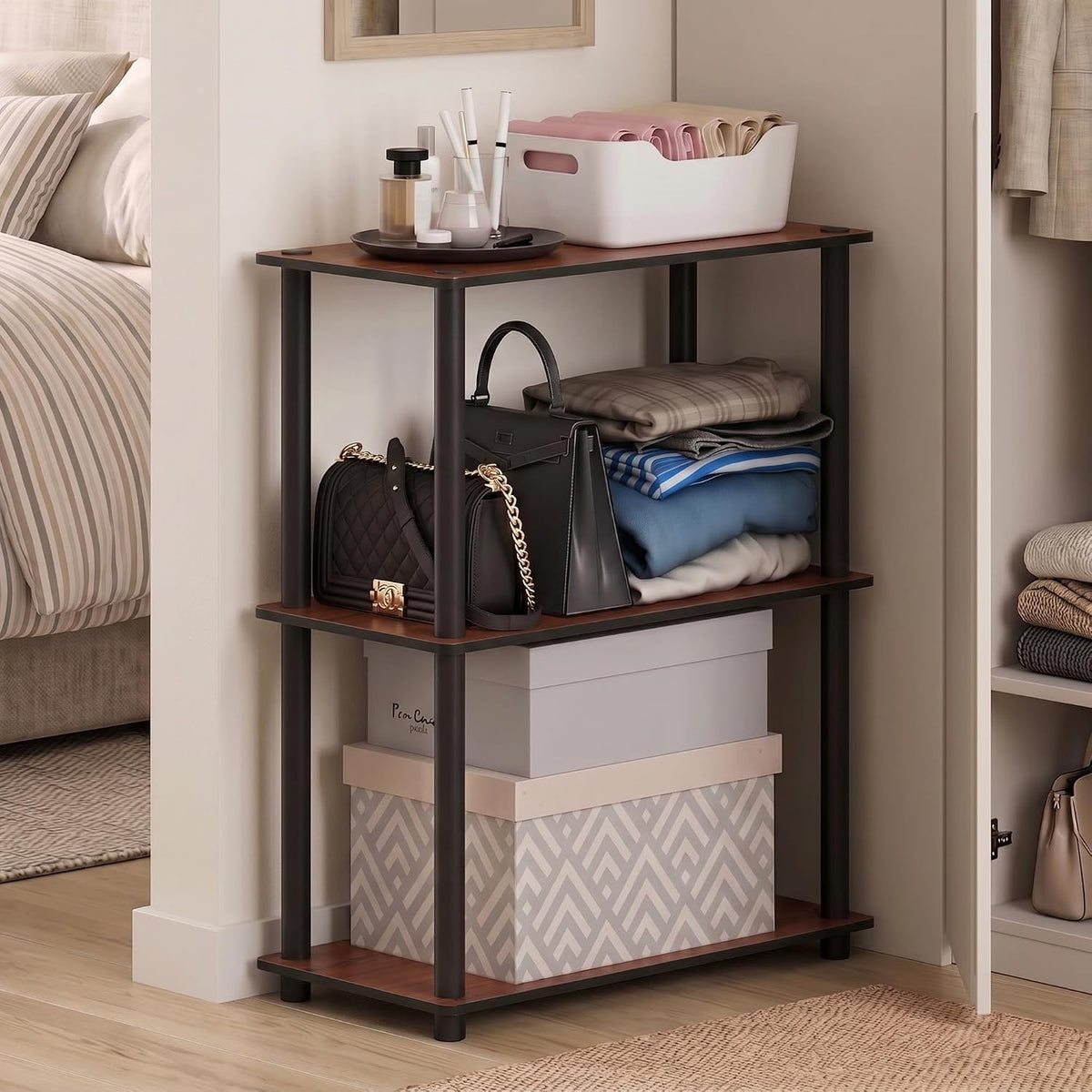 Turn-N-Tube Toolless Assembly 3-Tier Closet Shelf, Dark Cherry