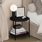 BESI Night Stand, 2-Tier Wide Round Nightstand, Metal Frame End Table, Bedside Table, Side Table with Open Shelf, for Living Room, Bedroom, Marble White