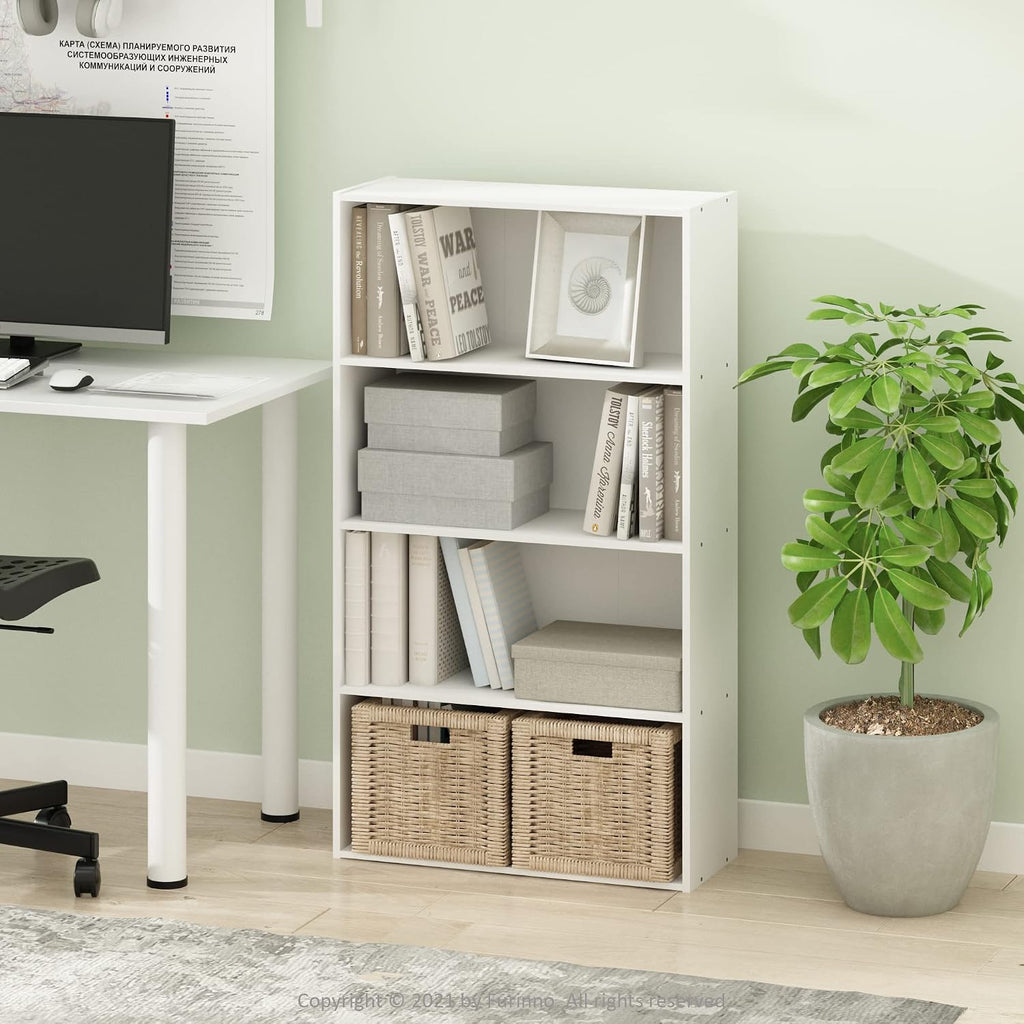 PASIR Book Shelf, 4-Tier Bookshelf, Bookcase with Open Shelf, 9.4 x 23.6 x 41.7, for Living Room, Bedroom, Home Office, White