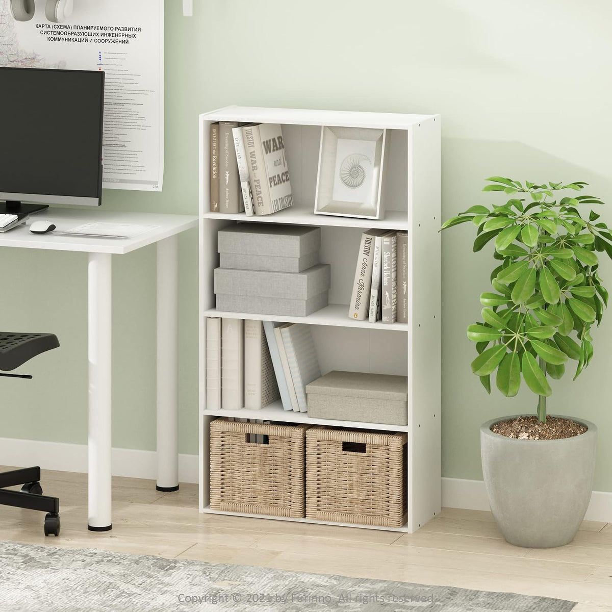 PASIR Book Shelf, 4-Tier Bookshelf, Bookcase with Open Shelf, 9.4 x 23.6 x 41.7, for Living Room, Bedroom, Home Office, White