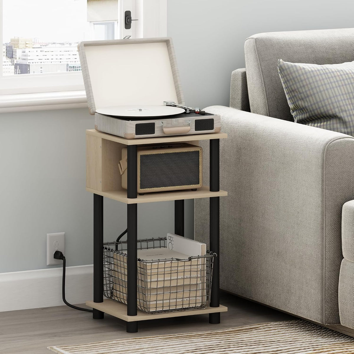 Just Side Table, 3-Tier Charging Station End Table, Natural Oak
