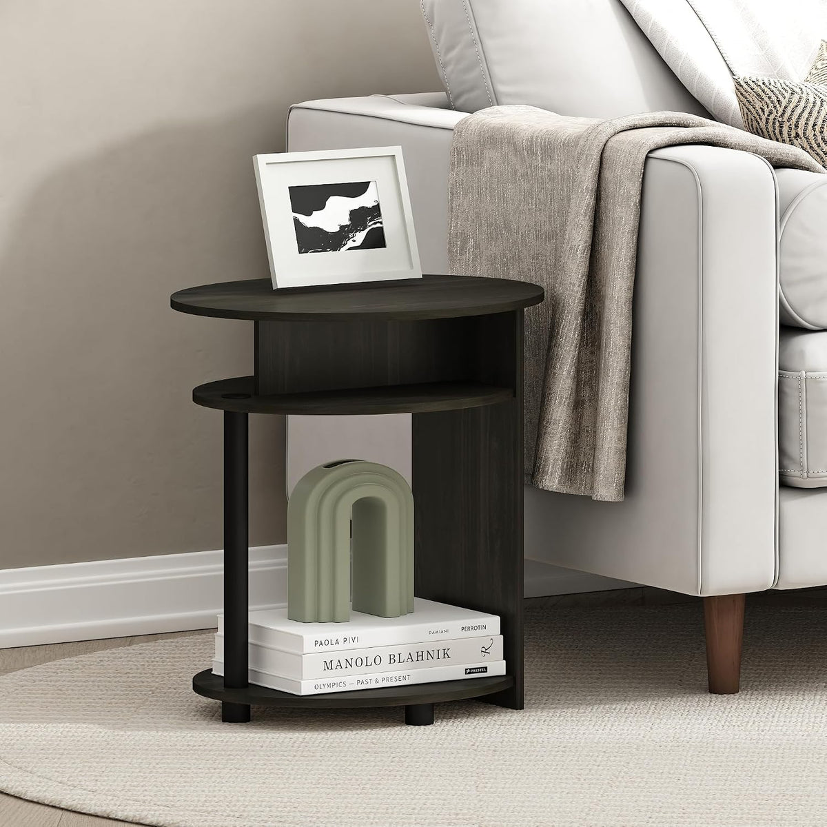 Jaya 3-Tier Round Side Table, Oval Tabletop, Black Walnut