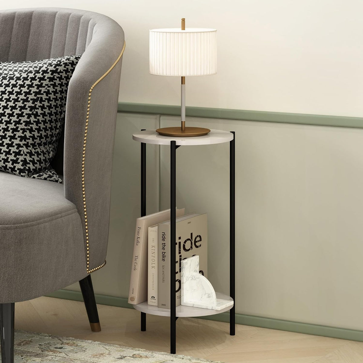 Besi 2-Tier Tall Round Side Table with Metal Legs, Light Marble