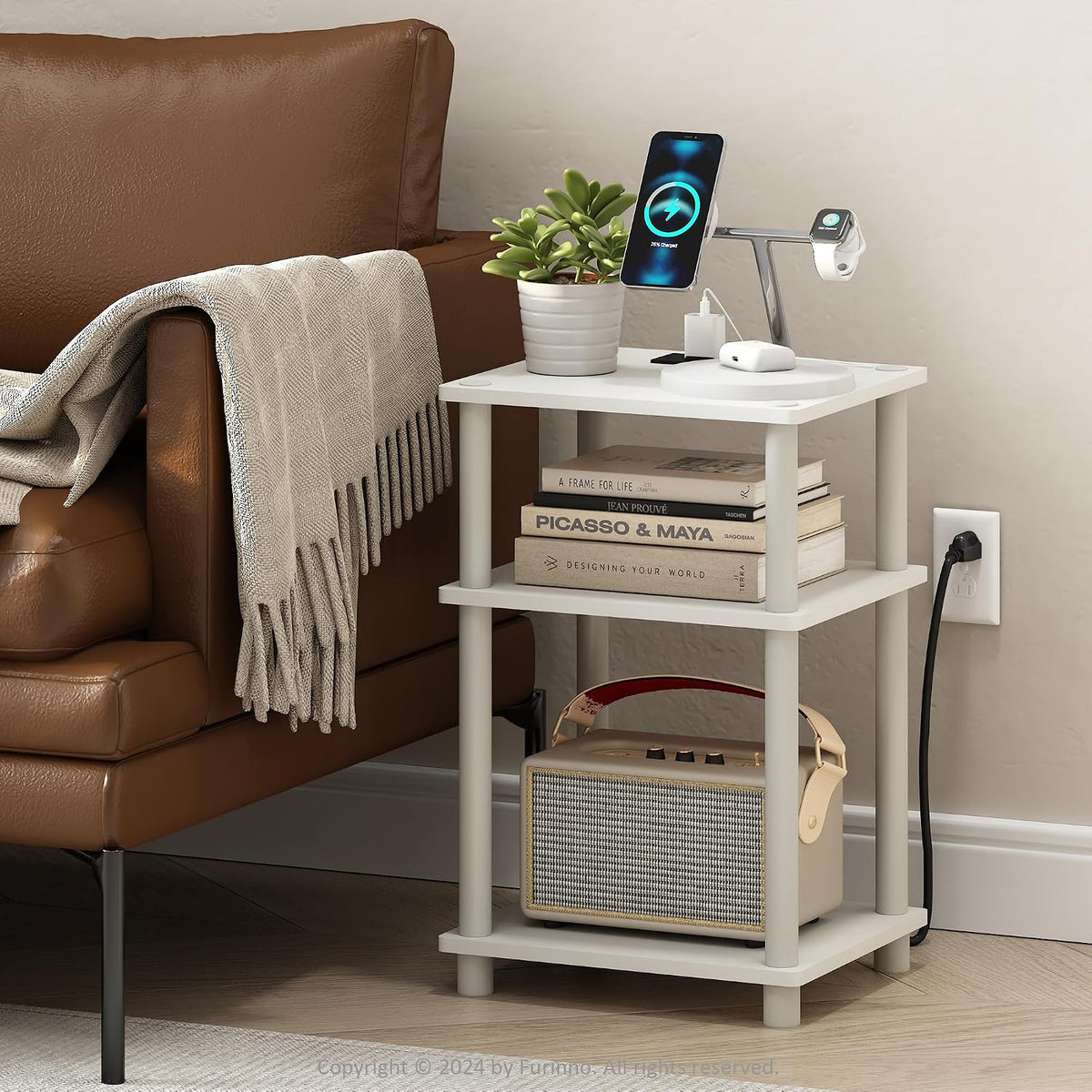 JUST Side Table, 3-Tier Modern End Table with Charging Station, Easy Assembly Night Stand, Bedside Table with USB and Type-C Port, for Living Room, Bedroom, White