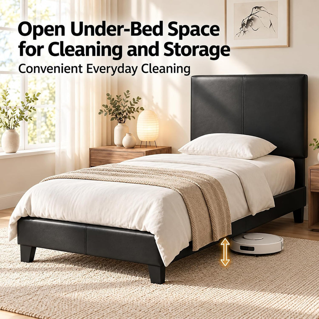 Pessac Bed Frame, Upholstered Bedframe, Twin, Plain Black