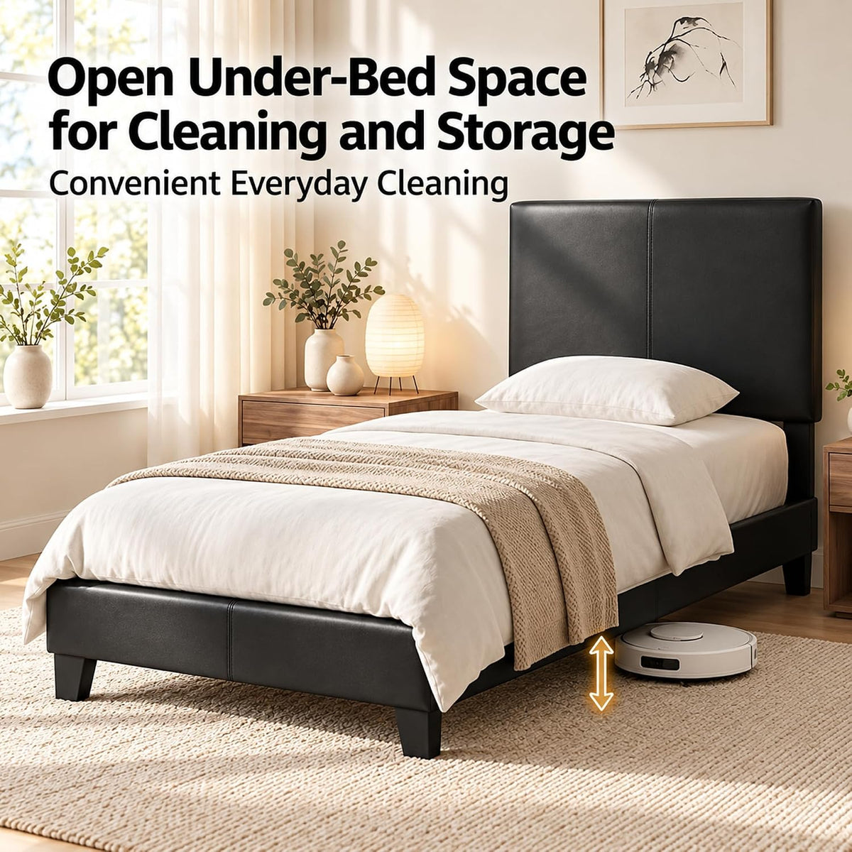 Pessac Bed Frame, Upholstered Bedframe, Twin, Plain Black