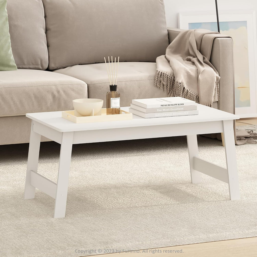 Beginning Coffee Table, Rectangular Modern Center Table with H-Legs, Side Table, Soft Edges, Easy Assembly, for Living Room, Bedroom, Home Office, White