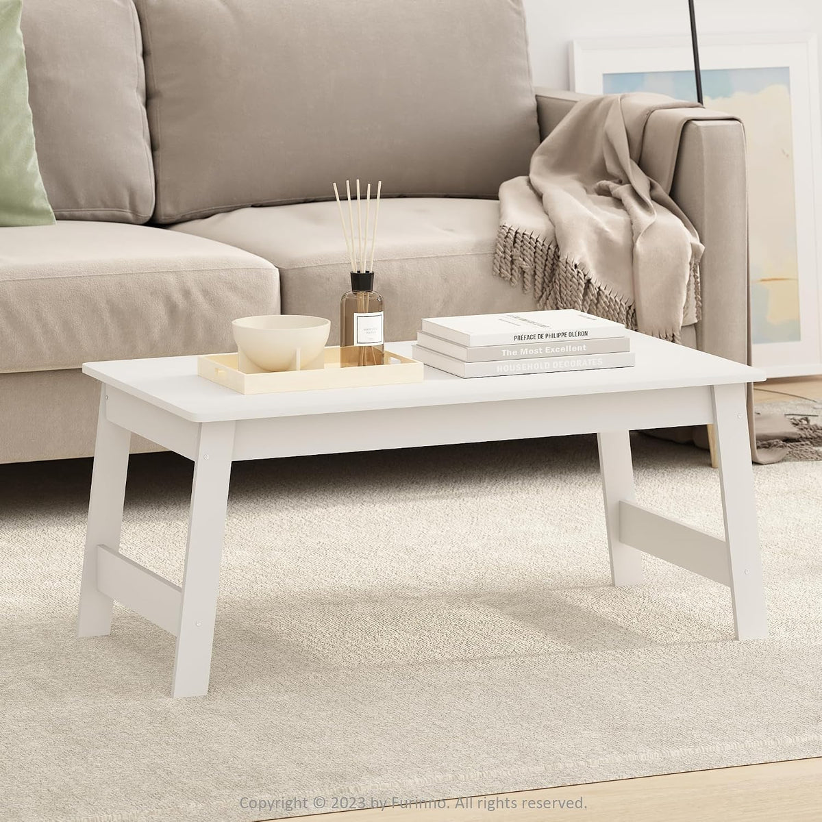Beginning Coffee Table, Rectangular Modern Center Table with H-Legs, Side Table, Soft Edges, Easy Assembly, for Living Room, Bedroom, Home Office, White