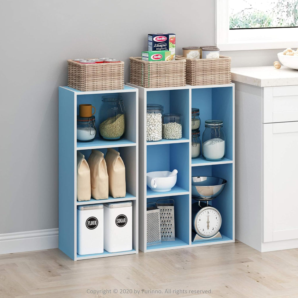 LUDER Book Shelf, 3-Cube Bookshelf, Bookcase with Open Shelves, 9.3 x 12 x 31.5, Easy Assembly, for Living Room, Bedroom, Home Office, White/Light Blue
