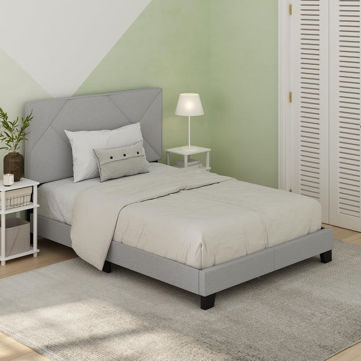 Skylar Bed Frame, Full Size Bedframe with Geometric Design Upholstered Headboard, Bed with Adjustable Headboard, No Box Spring Needed, 12pcs Wooden Slat Support, for Bedroom, Dorm, Glacier