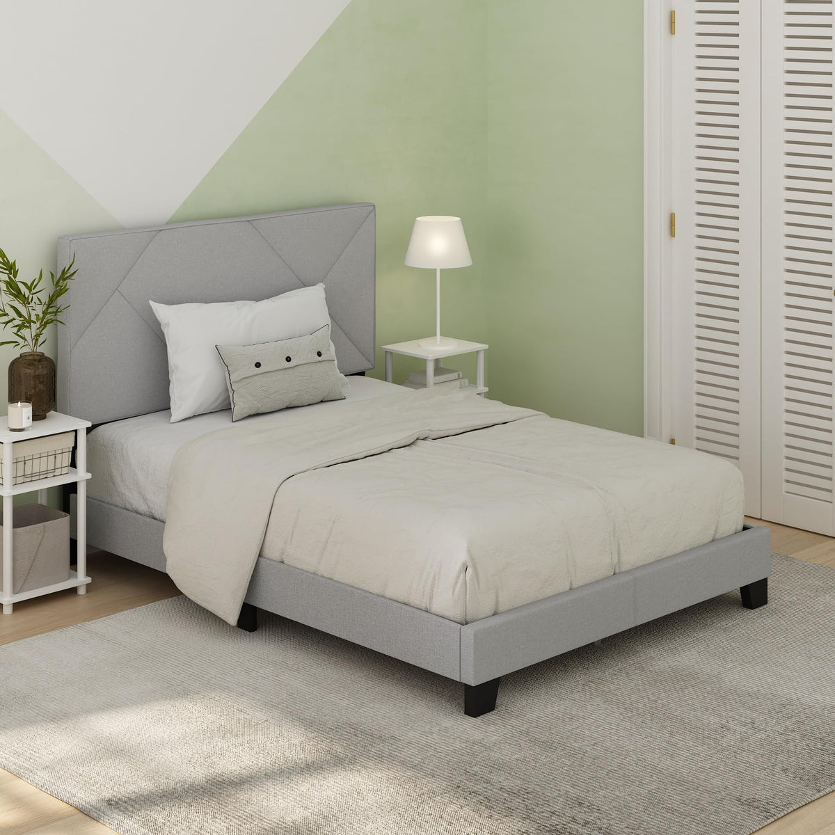 Skylar Bed Frame, King Size Bedframe with Geometric Design Upholstered Headboard, Bed with Adjustable Headboard, No Box Spring Needed, 12pcs Wooden Slat Support, for Bedroom, Dorm, Glacier