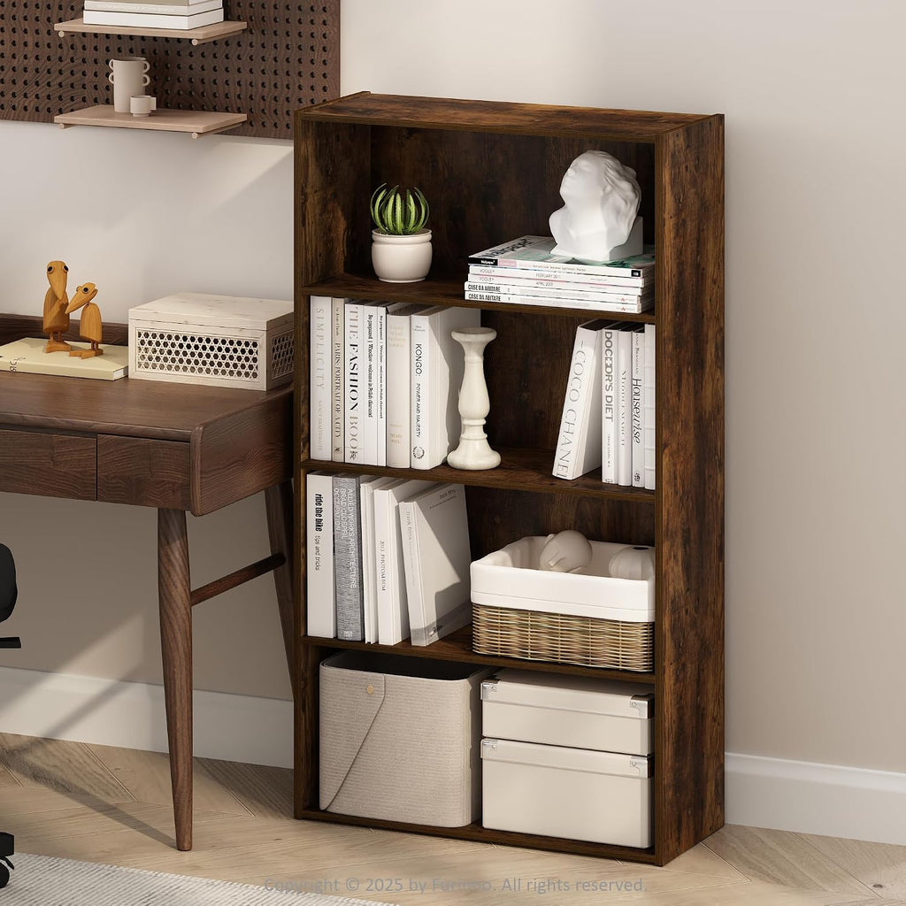 Simple Book Shelf, 4-Tier Bookshelf, Bookcase with Open Shelf, 9.4 x 23.6 x 41.7, for Living Room, Bedroom, Home Office, Amber Pine