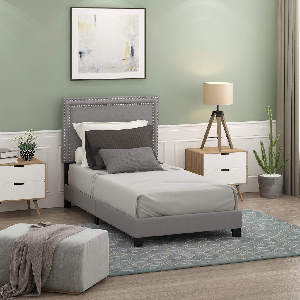 Laval Double Row Nail Head Upholstered Platform Bed Frame, Queen, Stone