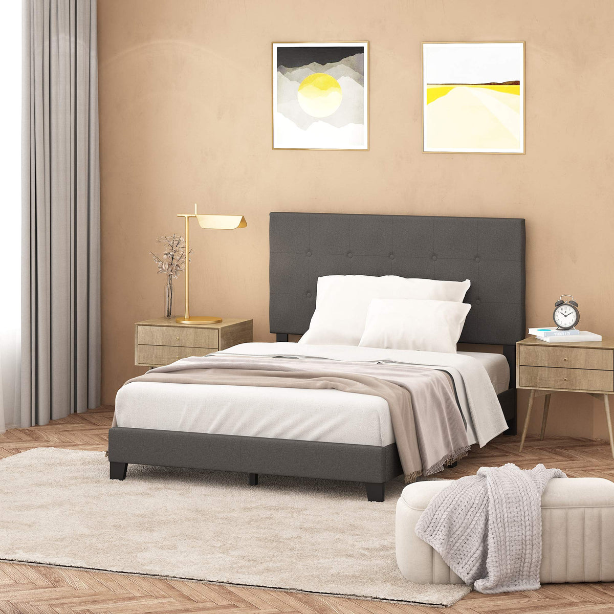 Laval Button Tufted Upholstered Platform Bed Frame, Queen, Linen