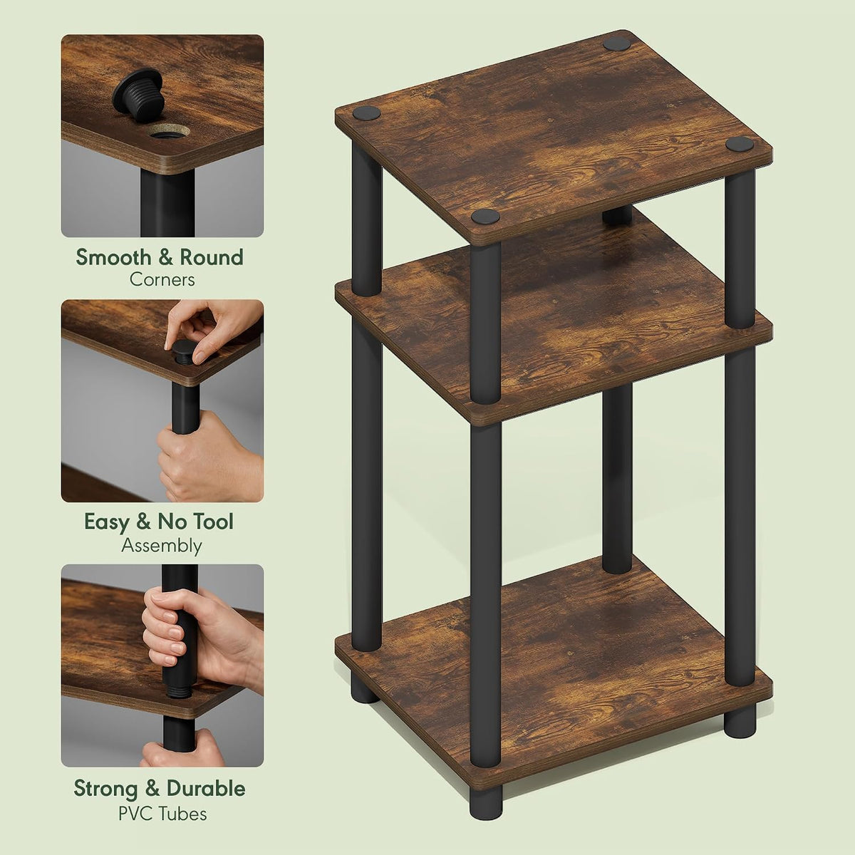 JUST Toolless 3-Tier Night Stand, Open Storage, Americano