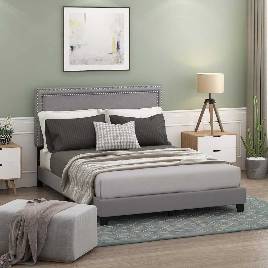 Laval Button Double Row Nail Head Bed Frame, Queen Size, Glacier