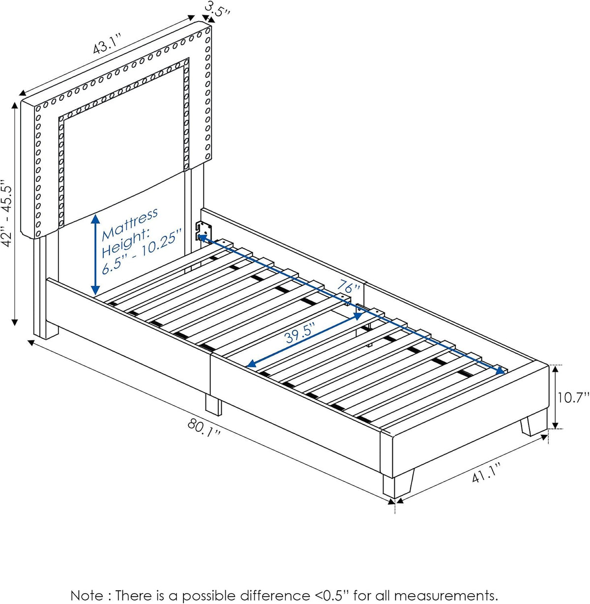 Laval Double Row Nail Head 12PC Slat Style Bed Frame, Twin, Linen