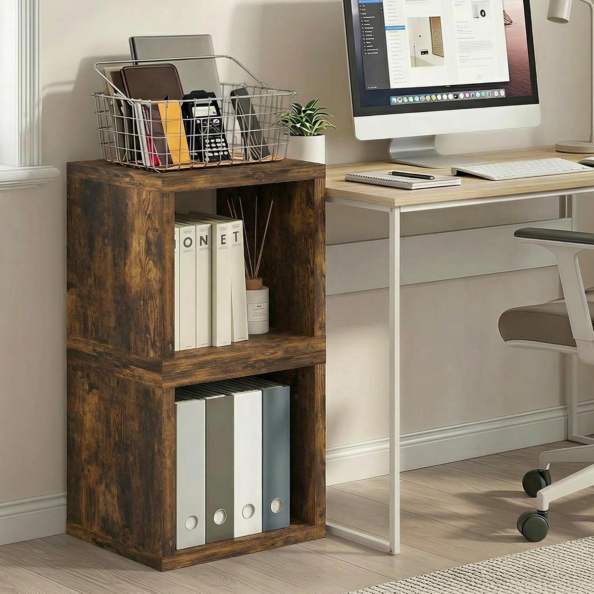 Cubicle Book Shelf, Set of 2 Stackable Bookshelf, Cube Storage Organizer Bookcase with Open Back, Extra Thick, 15.8 x 15.8 x 14.6, for Living Room, Bedroom, Home Office, Amber Pine