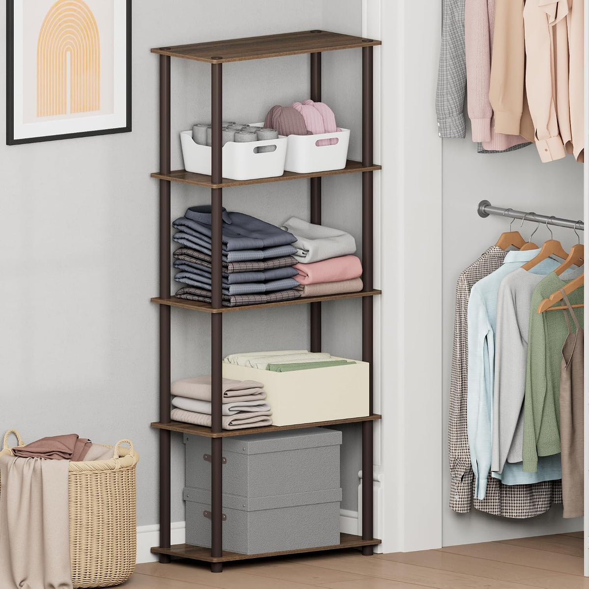 Turn-N-Tube Toolless Assembly 5-Tier Closet Shelf, Walnut