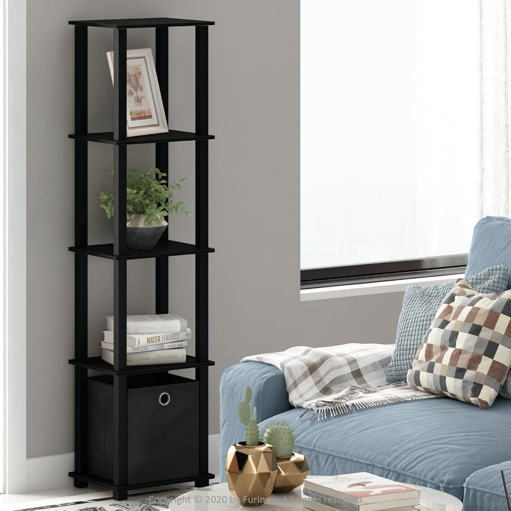 Turn-N-Tube Book Shelf, 5-Tier Square Open Frame Display Shelf, Corner Storage Shelves with Storage Bin, Shelving Unit, for Organization and Storage, Living Room, Garage, Home Office, Black