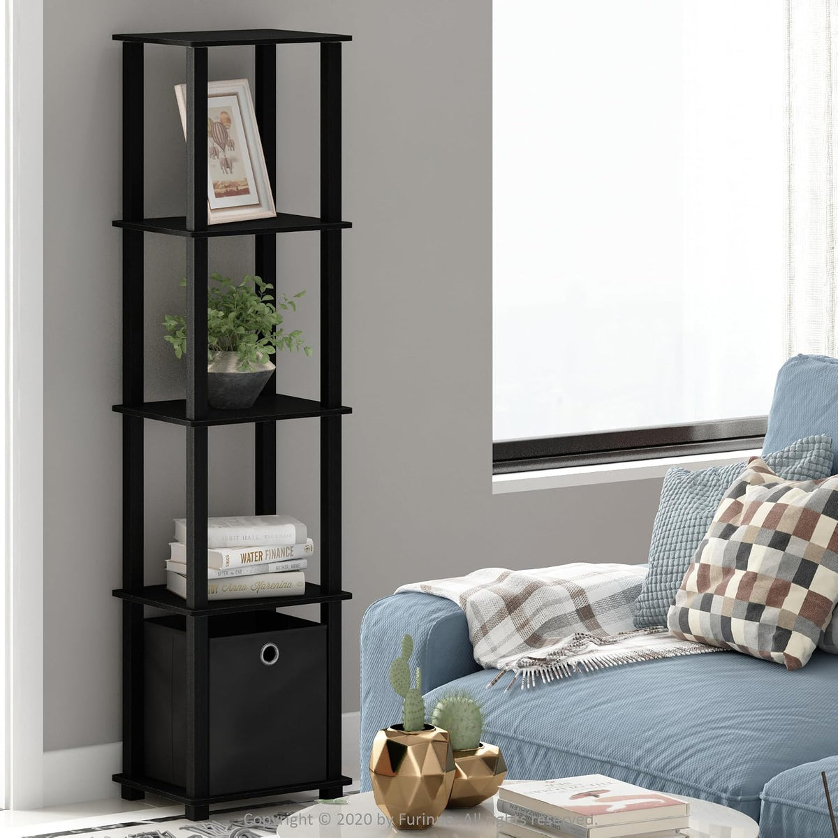 Turn-N-Tube Book Shelf, 5-Tier Square Open Frame Display Shelf, Corner Storage Shelves with Storage Bin, Shelving Unit, for Organization and Storage, Living Room, Garage, Home Office, Black