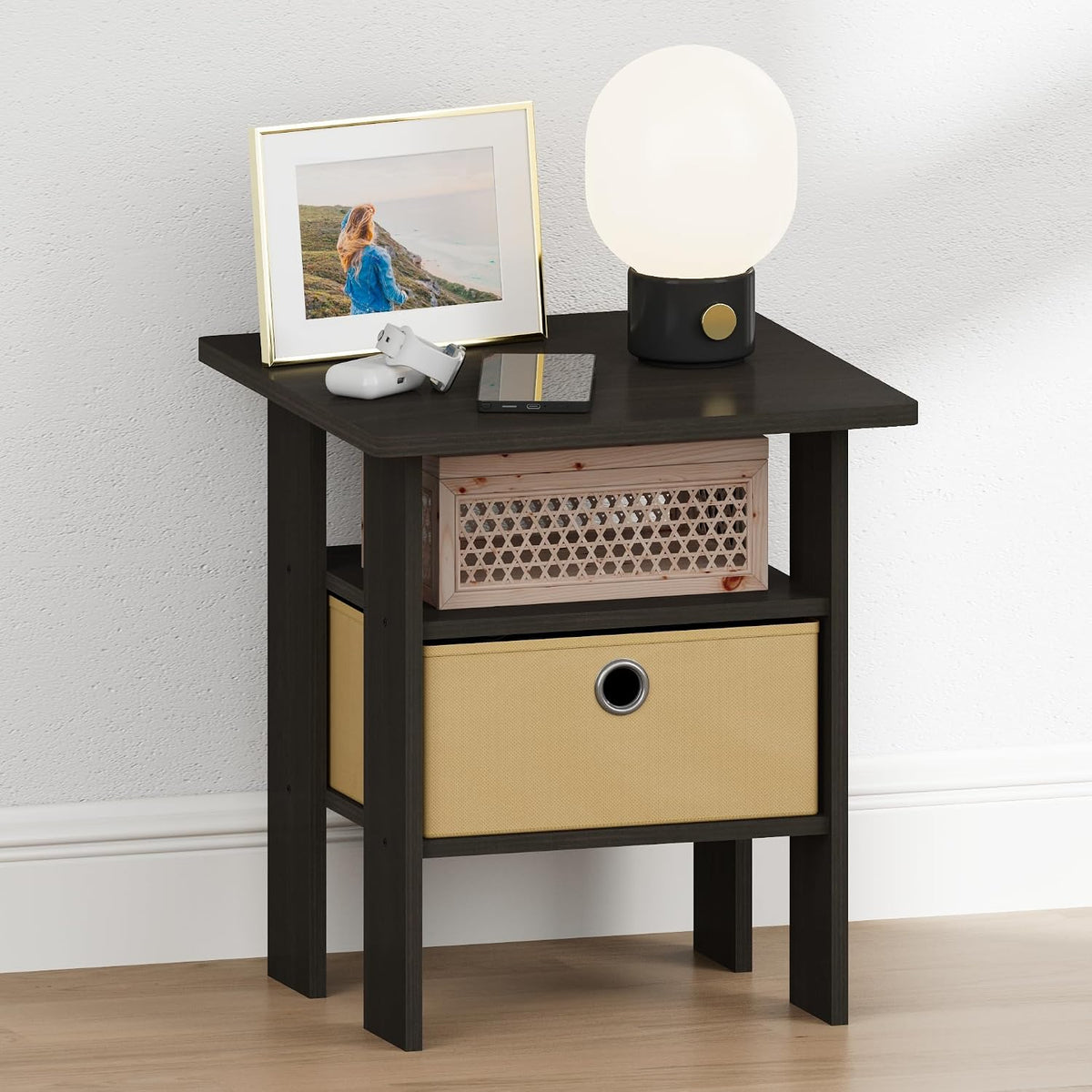 TIDUR 3-Tier Night Stand, Nightstand with Storage Bin, Espresso