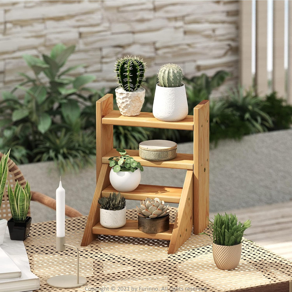 TIOMAN Plant Stand Indoor Outdoor, Tabletop Mini Ladder Planter Stand, Planter Shelf, Organizers, Indoor, Outdoor, Patio, Balcony, Garden, Pine Wood