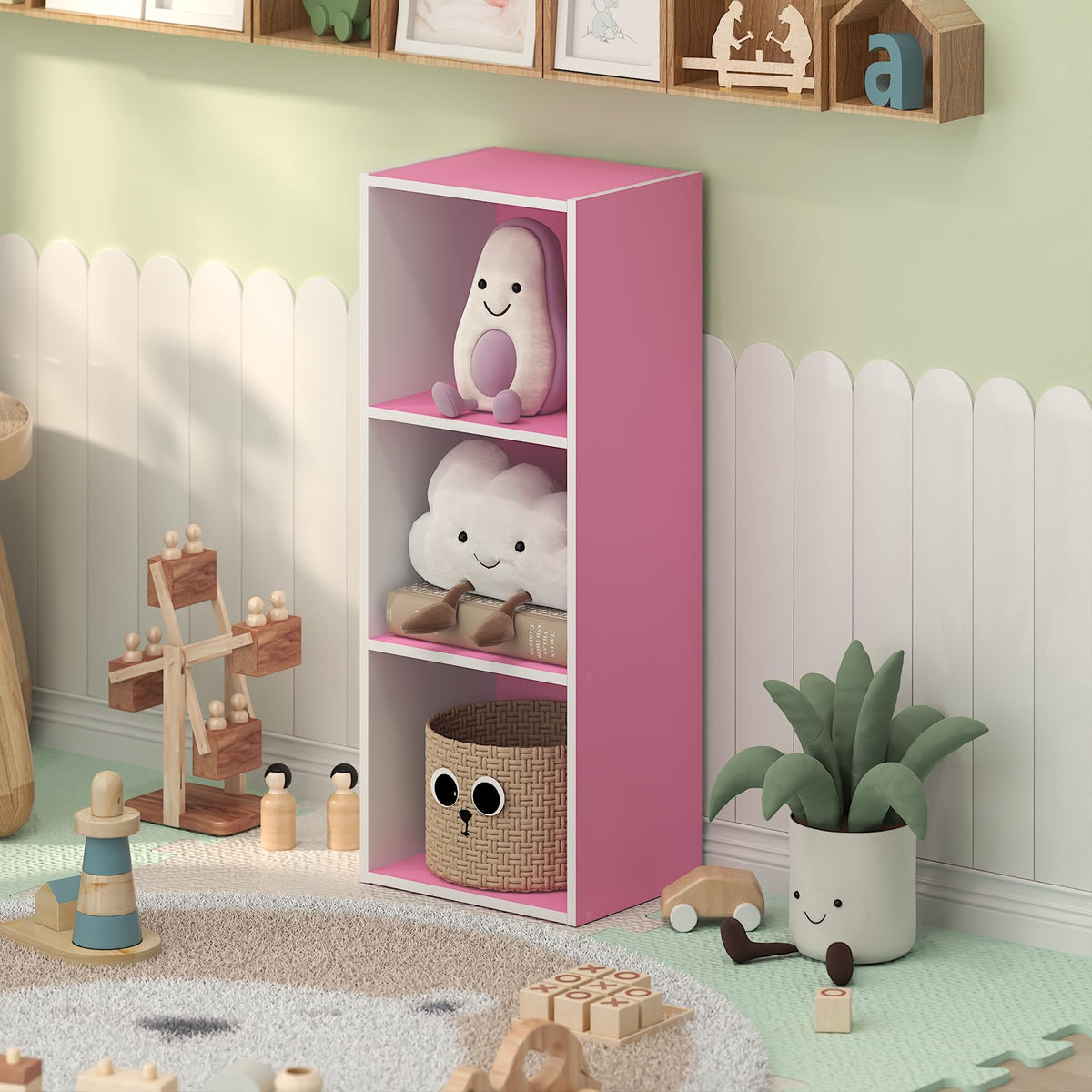 LUDER 7-Cube Book Shelf, Kids Bookshelf, Toy Storage, White/Pink