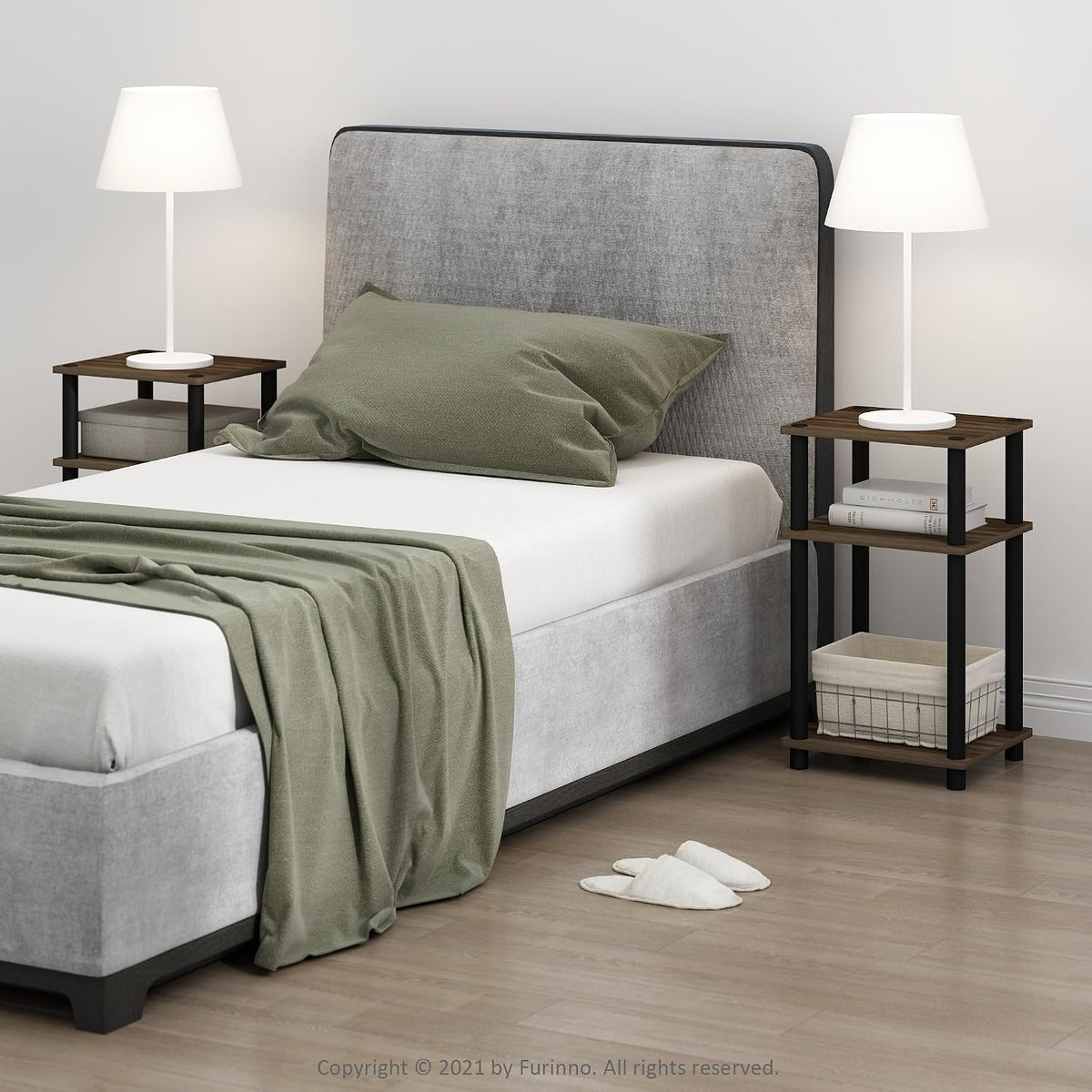 JUST Set of 2 Toolless 3-Tier Night Stand, Columbia Walnut