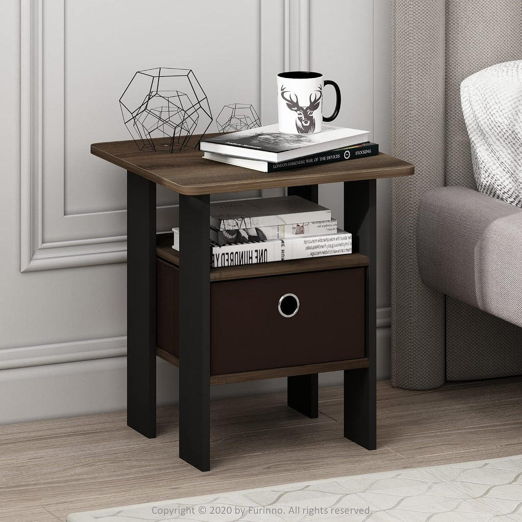 Andrey Set of 2 End Table / Side Table / Night Stand / Bedside Table with Bin Drawer, Columbia Walnut/Dark Brown