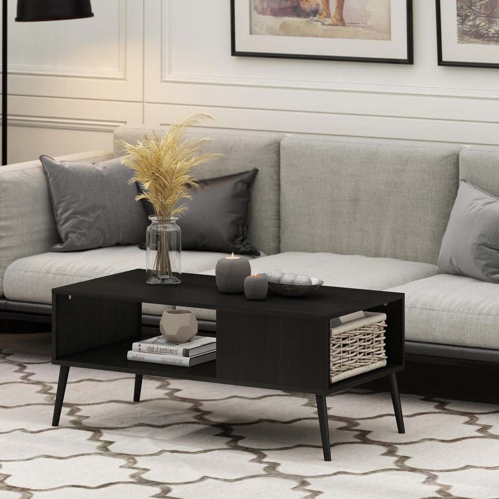 Claude 2-Tier Grey Coffee Table, Mid-Century Style Coffee Table with Wooden-Legs, Side Table with Open Shelf, for Living Room, Bedroom, Home Office, Grey Oak