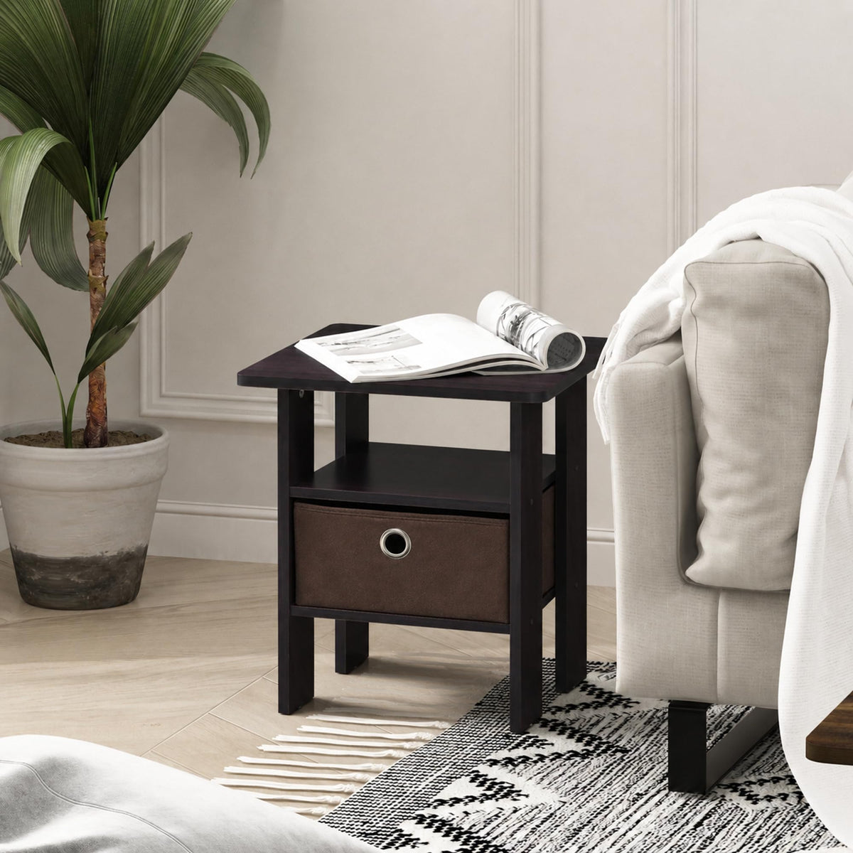 Andrey 3-Tier Square Side Table with Storage Bin, Light Oak