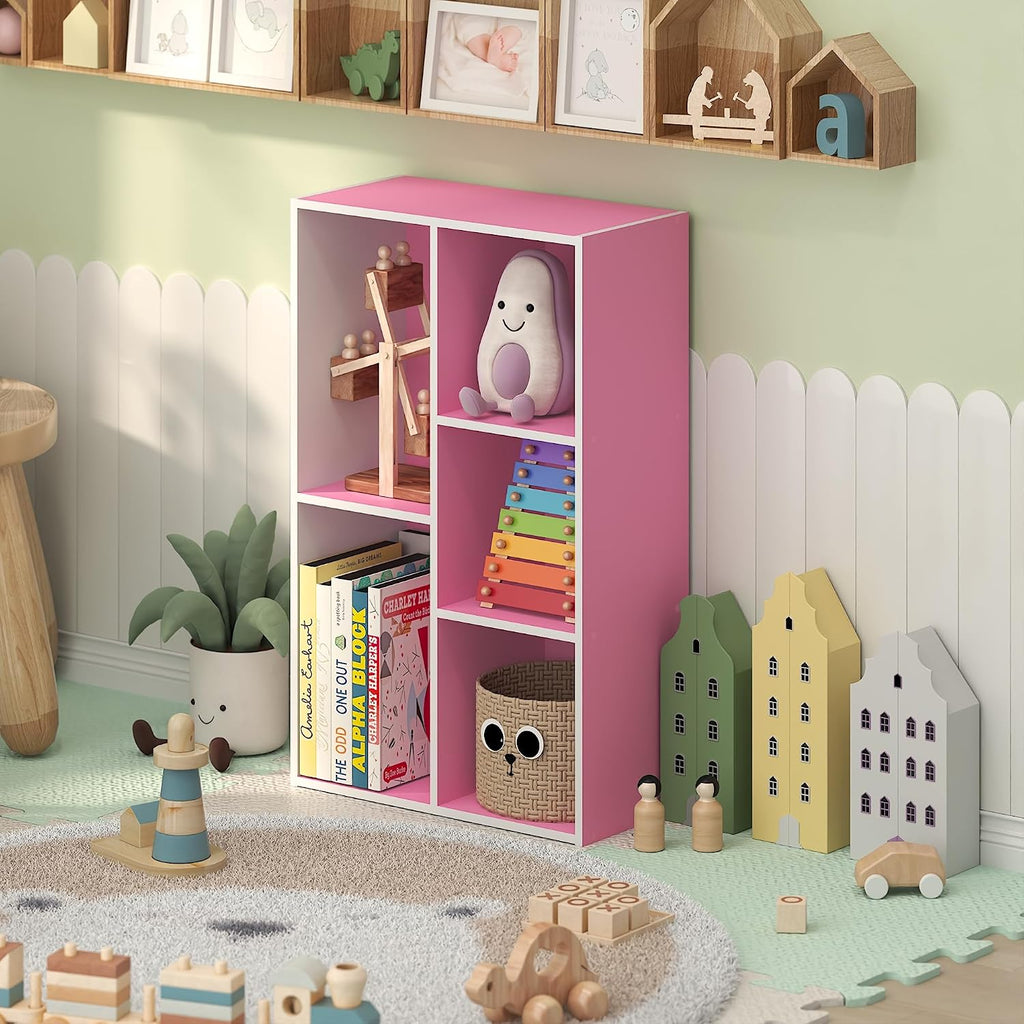 LUDER 5-Cube Book Shelf, Kids Bookshelf, Toy Storage, White/Pink