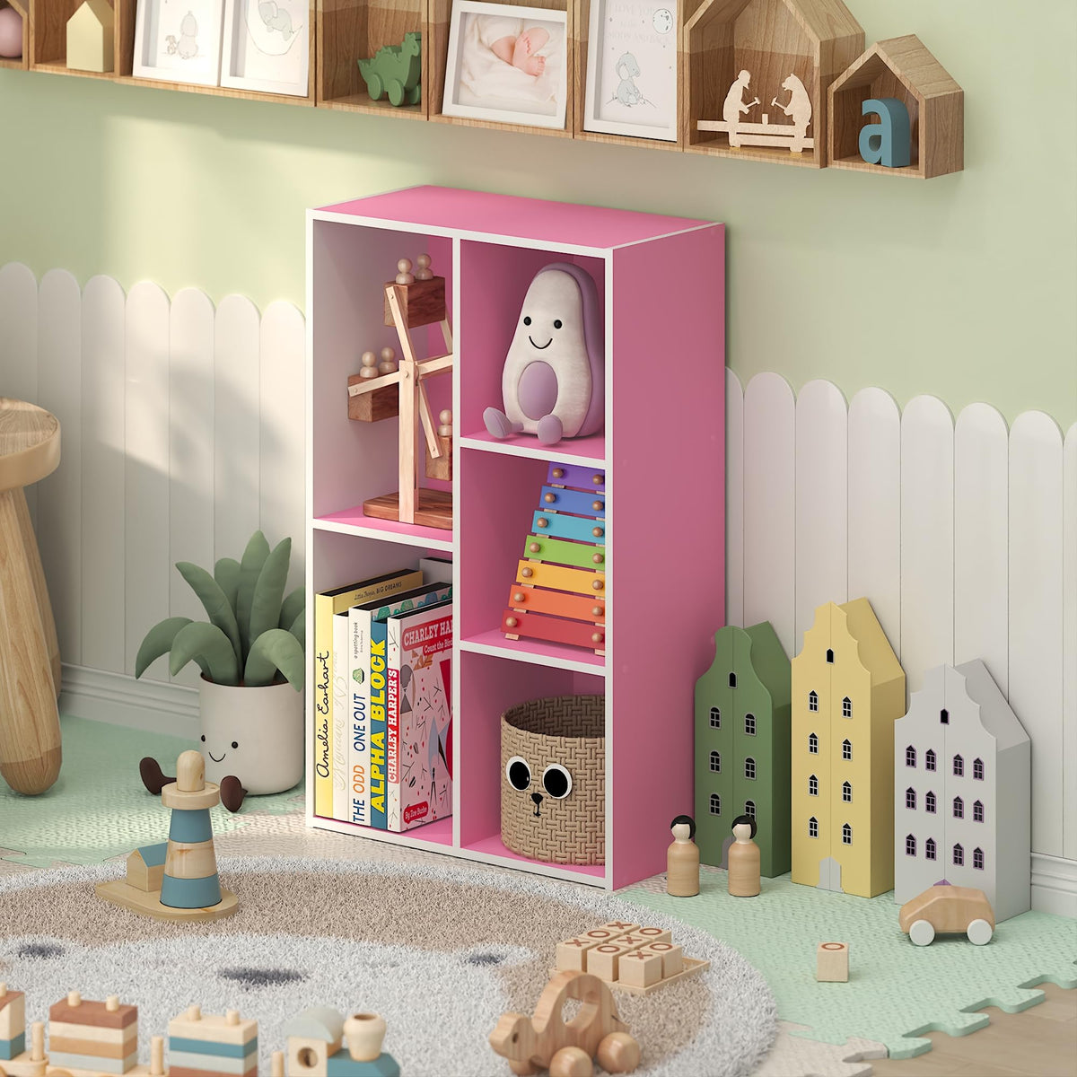 LUDER 7-Cube Book Shelf, Kids Bookshelf, Toy Storage, White/Pink