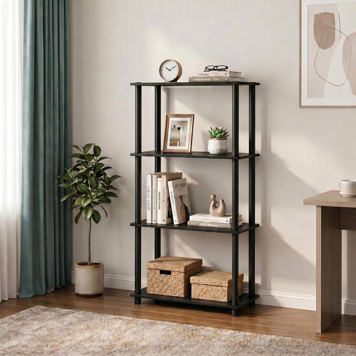 Turn-N-Tube Storage Shelves, 4-Tier Book Shelf, Corner Shelf, Toolless Open Shelves, for Organization and Storage, Living Room, Bedroom, Entryway, Laundry, Black Espresso