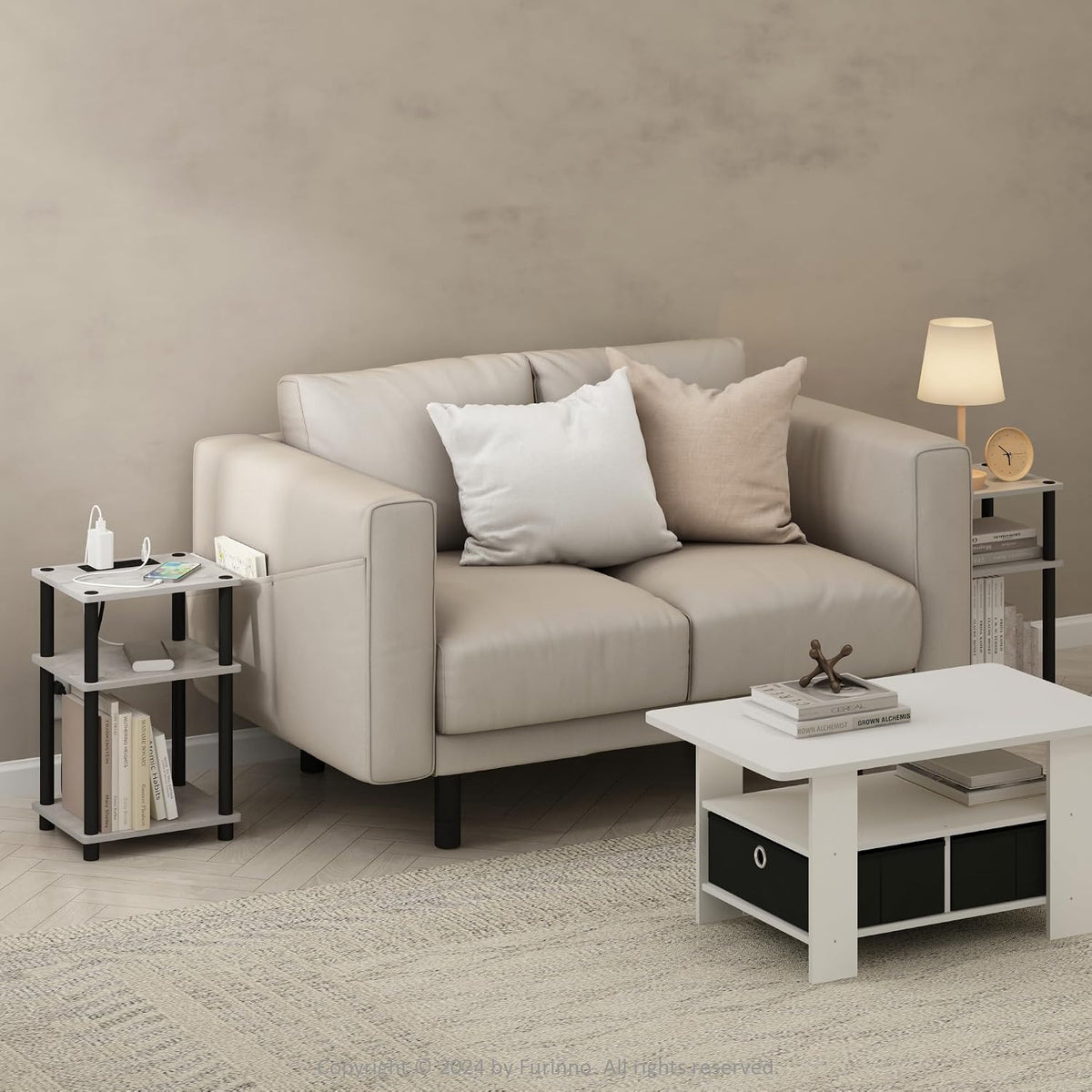 JUST Side Table Set of 2, 3-Tier Modern End Table with Charging Station, Open Shelf Night Stand, Bedside Table with USB and Type-C Port, for Living Room, Bedroom, Marble White