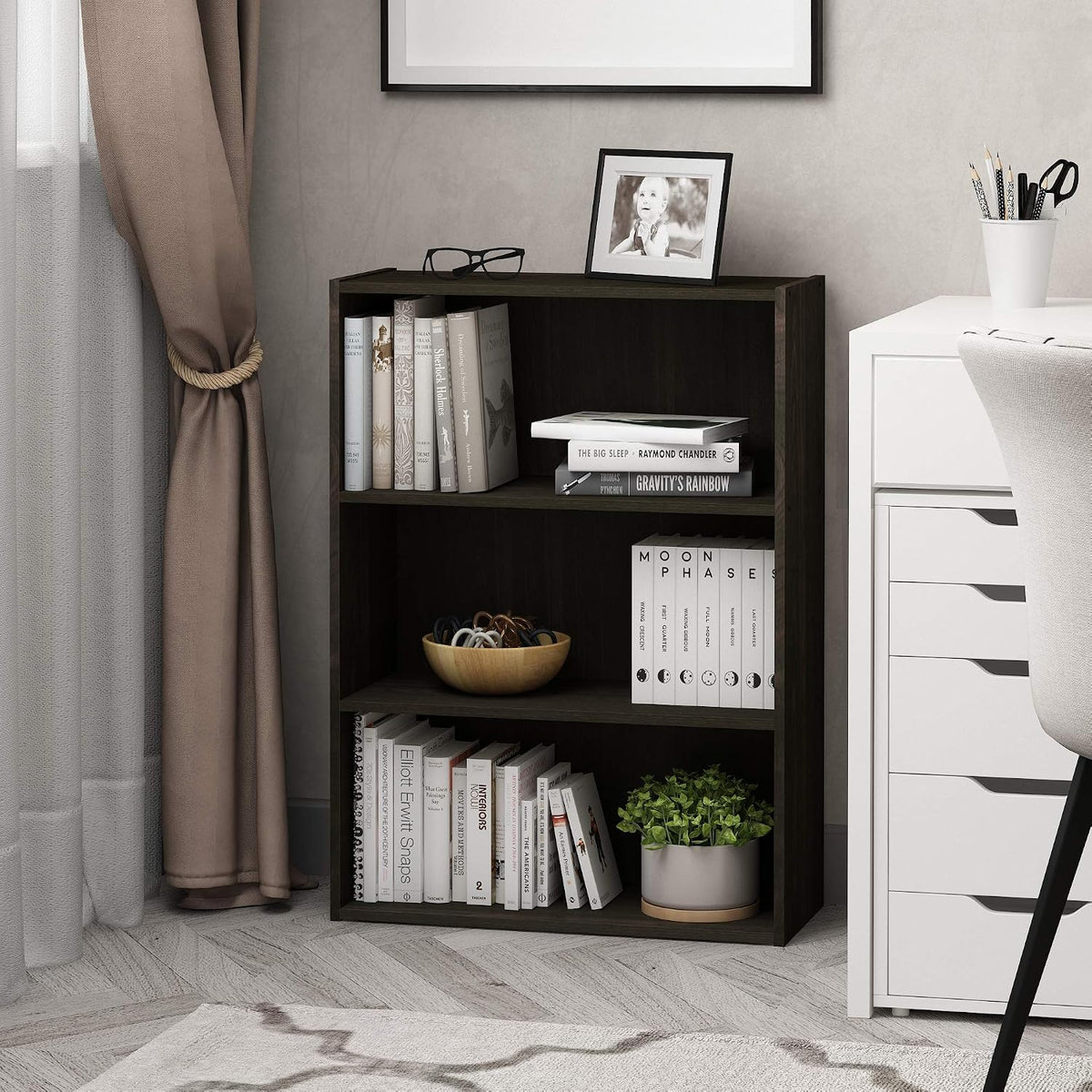 PASIR Book Shelf, 3-Tier Bookshelf, Storage Shelves Bookcase, 9.7 x 23.7 x 31.5, for Living Room, Bedroom, Home Office, Dark Espresso