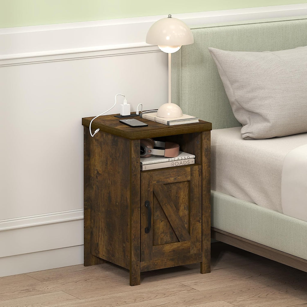 Farmhouse Night Stand with Charging Station, Bedside Table, Side Table, End Table with Door, USB Ports and Outlets, for Bedroom, Closet, Dorm, Amber Oak