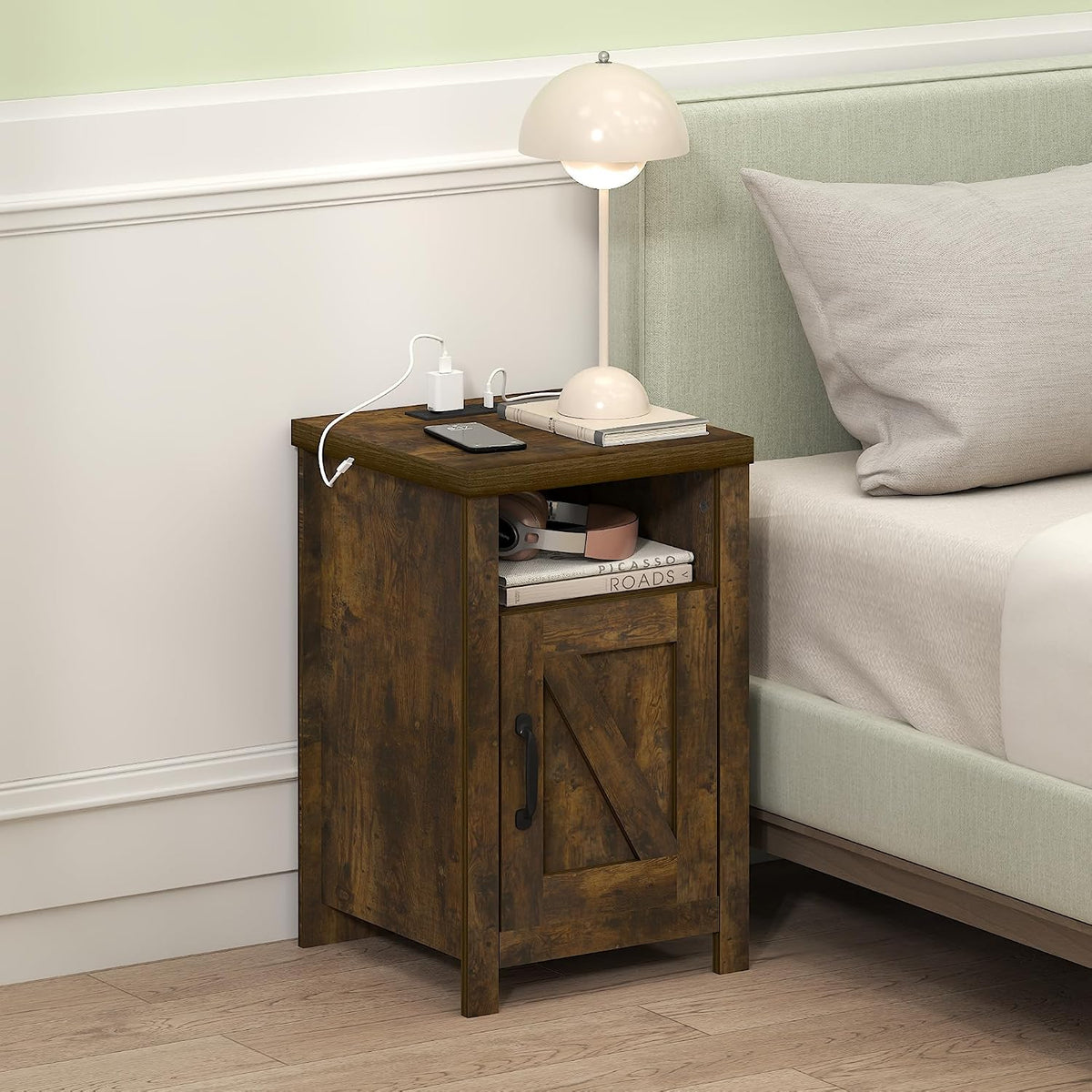 Farmhouse Night Stand with Charging Station, Bedside Table, Side Table, End Table with Door, USB Ports and Outlets, for Bedroom, Closet, Dorm, Amber Oak
