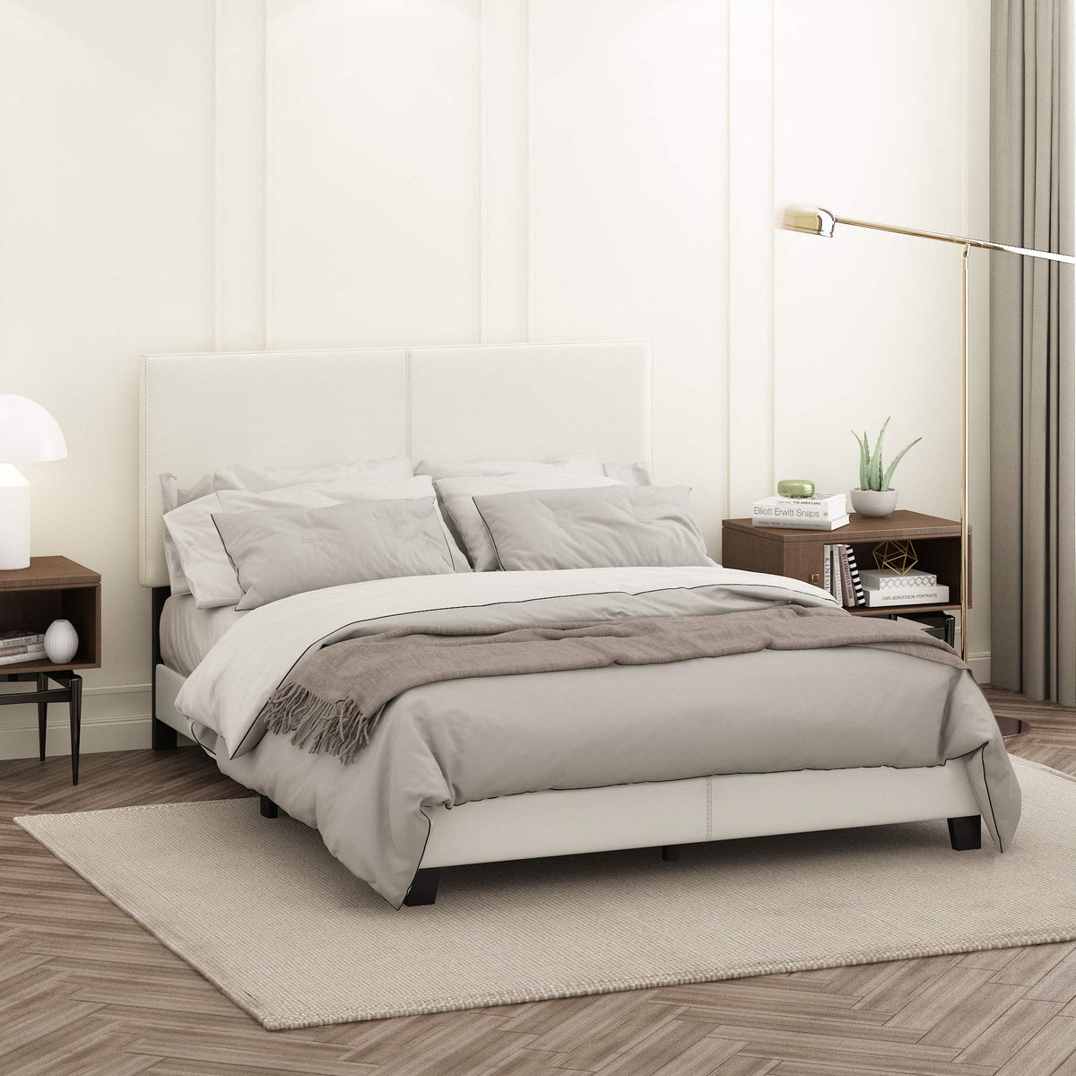 PESSAC PU Leather Upholstery Bed Frame, Cal King Size, White