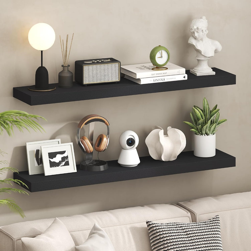Tanna Floating Shelves for Wall Set of 2, 9 x 47 Wall Shelf, Wall Mounted Floating Shelf with Invisible Bracket, 2-Inch Thick, for Bathroom, Living Room, Bedroom, Home Office, Americano