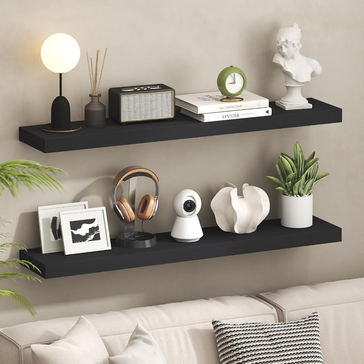 Tanna Floating Shelves for Wall Set of 2, 9 x 47 Wall Shelf, Wall Mounted Floating Shelf with Invisible Bracket, 2-Inch Thick, for Bathroom, Living Room, Bedroom, Home Office, Americano