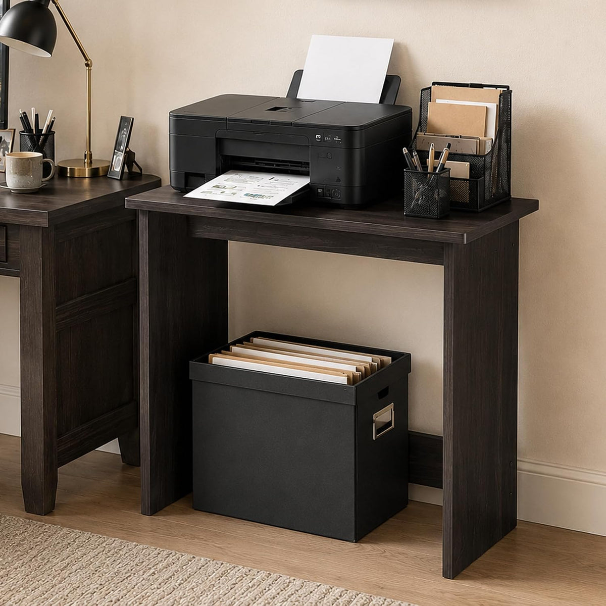 Simplistic Printer Stand with Large Desktop, Espresso