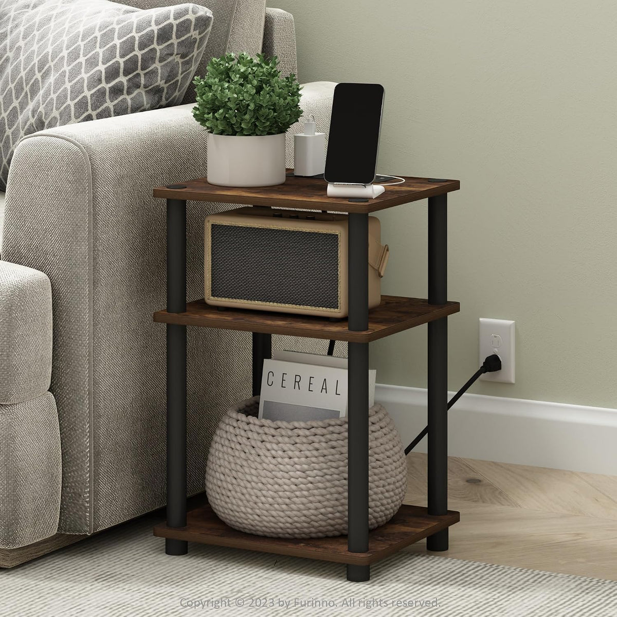 Just 3-Tier Turn-N-Tube USB and Type-C Charging Port End Table with Open Storage, 11.42 (W) x 8.82 (H) x 6.77 (D) inches, Amber Pine/Black