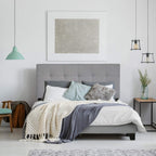 Laval Bed Frame, Twin Size Bedframe with Button Tufted Headboard, Upholstered Bed with Legs, 12pcs Wooden Slat Support, Easy Assembly, for Bedroom, Dorm, Light Grey