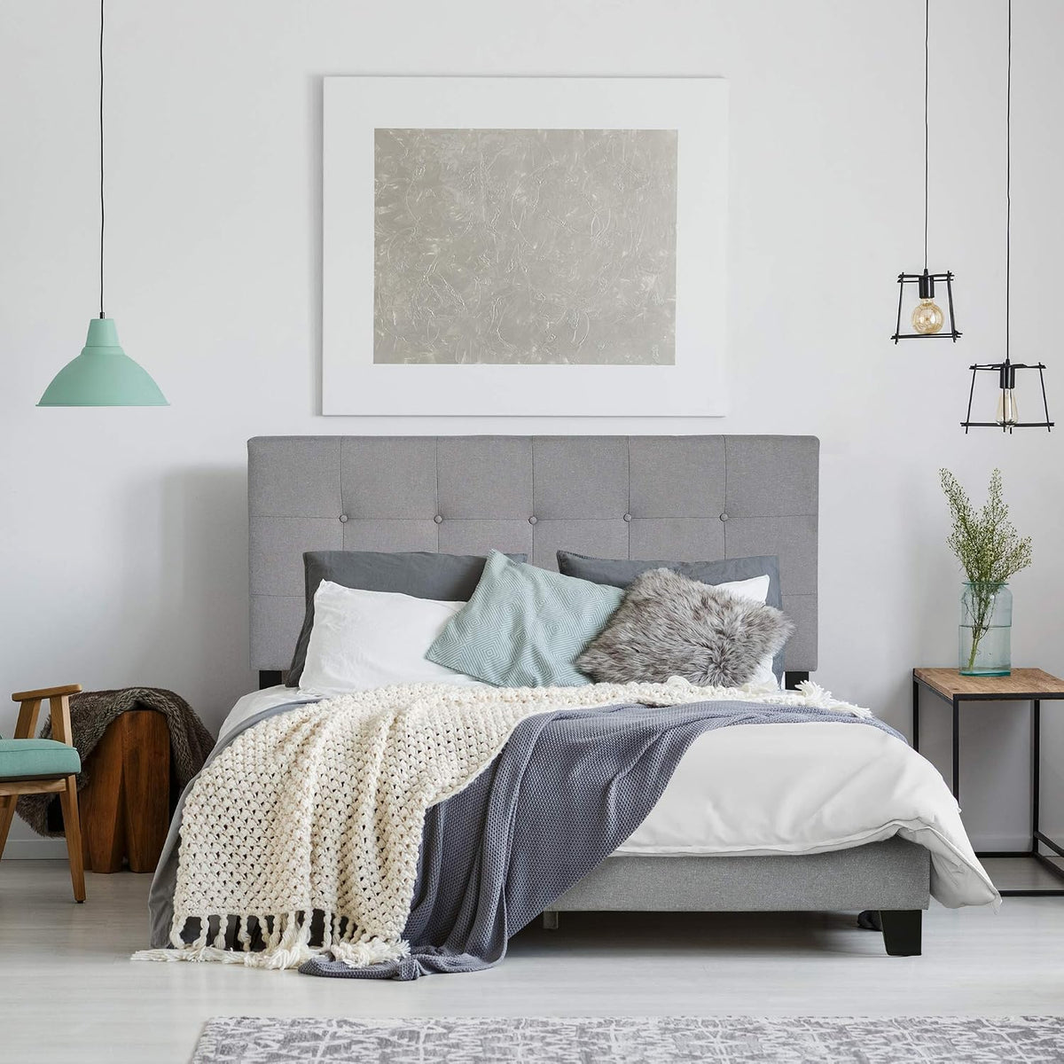 Laval Bed Frame, Twin Size Bedframe with Button Tufted Headboard, Upholstered Bed with Legs, 12pcs Wooden Slat Support, Easy Assembly, for Bedroom, Dorm, Light Grey