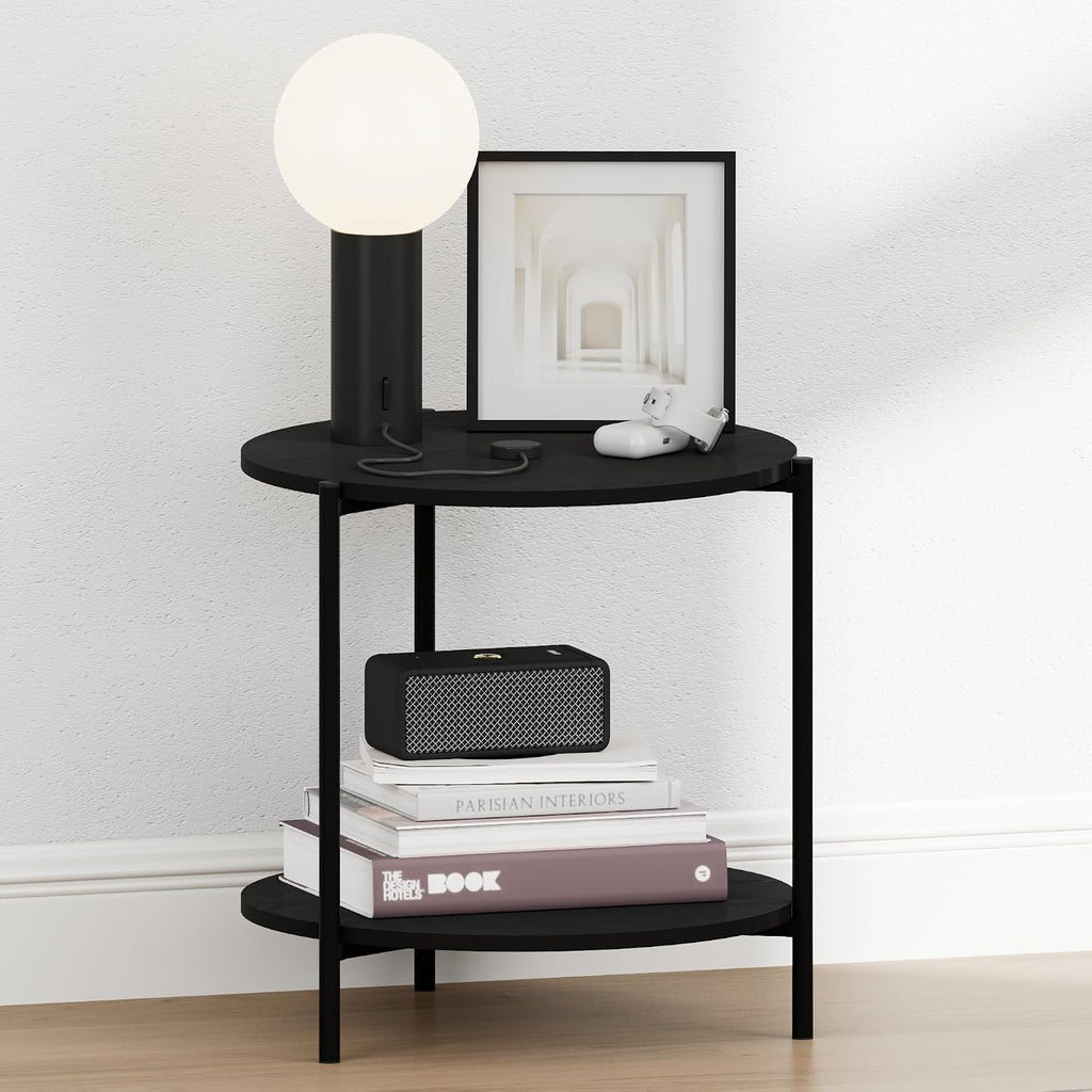 BESI Night Stand, 2-Tier Wide Round Nightstand with Metal Legs, Metal Frame End Table, Bedside Table, Side Table with Open Shelf, for Living Room, Bedroom, Americano