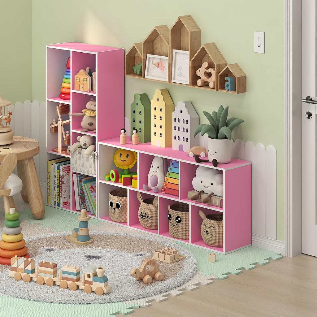 LUDER Set of 2 Book Shelf, 7-Cube, White/Pink