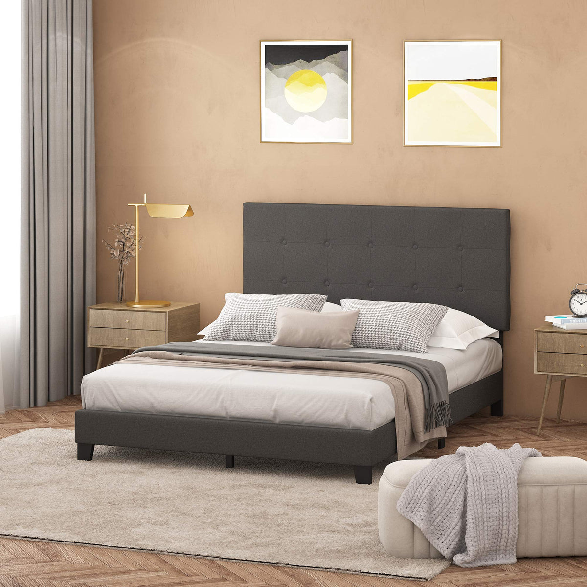 Laval Button Tufted Upholstered Platform Bed Frame, Queen, Linen
